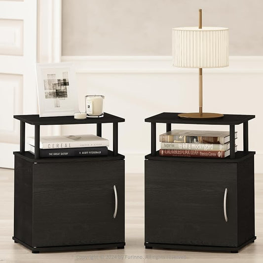 Furinno TIDUR Night Stand Set of 2, Nightstand with Open Shelf and Door Cabinet, Round Corner Bedside Table, End Table, Side Table, for Bedroom, Closet, Dorm, Black