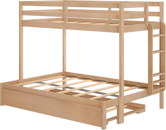 Grain & Grove Bear Twin Over Full Bunk Bed with Trundle Bed, Sturdy Bunk Bed Frame for Kids, Plywood Bunk with Ladder, Guardrail, and Slats, No Box Spring Required, Oak Embossed Natural