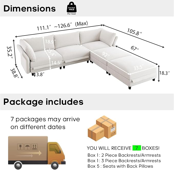 DreamDashio 5-Seat V-Shaped Sectional Sofa, Oversized Extra Wide Deep Seat Detachable Modular Cloud Couch, Certified Chenille Fabric with Storage & Adjustable Arms, for Living Room, Beige
