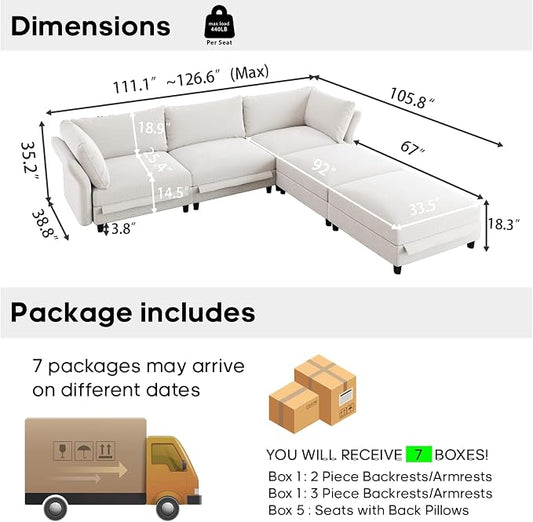 DreamDashio 5-Seat V-Shaped Sectional Sofa, Oversized Extra Wide Deep Seat Detachable Modular Cloud Couch, Certified Chenille Fabric with Storage & Adjustable Arms, for Living Room, Beige