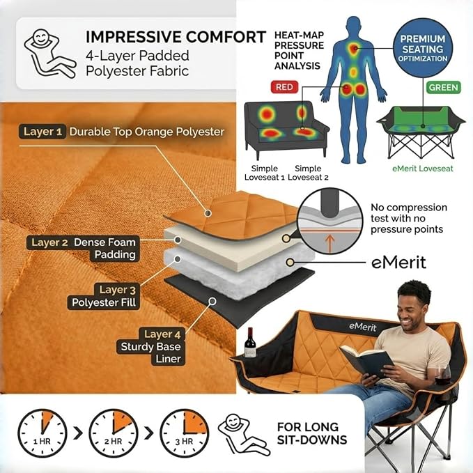 EMERIT Oversized Double Duo Camping Chair Folding Camping Loveseat 2 Person Camping Couch Heavy Duty Lawn Chairs for Outside with Padded Seats & Armrests-Support 650LBS | Heavy Duty 650LB