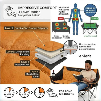 EMERIT Oversized Double Duo Camping Chair Folding Camping Loveseat 2 Person Camping Couch Heavy Duty Lawn Chairs for Outside with Padded Seats & Armrests-Support 650LBS | Heavy Duty 650LB