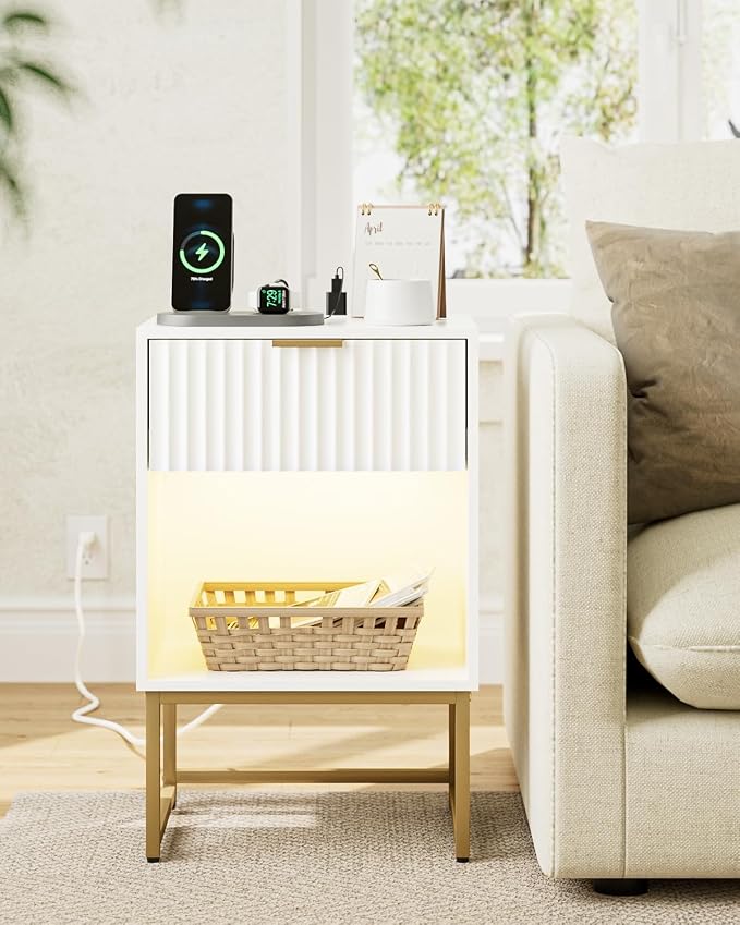 Masupu Fluted Nightstand with Charging Station and LED Lights,Modern Night Stand Wood Bedside Table with Storage Drawer Side End Table for Bedroom, Office,White