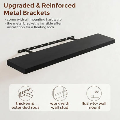 fuqing 40 Inch Floating Shelves | 6.7 Inch Deep Black Shelves for Wall Set of 2 | 40''W x 6.7''D x 1.4''H Black Wood Shelves for Living Room Bathroom Bedroom Kitchen Home Office