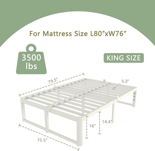 VYM 16 Inch Bed Frame King Size with Metal Gaskets, Anti-Slip Mattress Stopper, No Box Spring Needed, Heavy Duty Steel Support 3500 LBS, DIY Headboard, Round Corner Leg, Easy Assembly, White