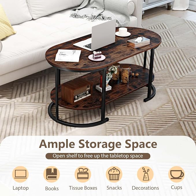 Giantex 2-Tier Coffee Table, Oval Center Table with Wood Grain Top & Open Storage Shelf, Modern Accent Table with Heavy Duty Metal Frame, Cocktail Table for Living Room Reception (Rustic Brown)