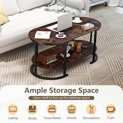 Giantex 2-Tier Coffee Table, Oval Center Table with Wood Grain Top & Open Storage Shelf, Modern Accent Table with Heavy Duty Metal Frame, Cocktail Table for Living Room Reception (Rustic Brown)