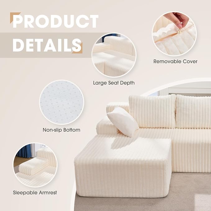 Hobestluk Boneless Couch Modular Sectional Sofa for Living Room Furniture | 98" Left Facing Chaise White,Memory Foam,Removable Cover,Non-slip Bottom,No Assemble Required,Furniture for Apartment