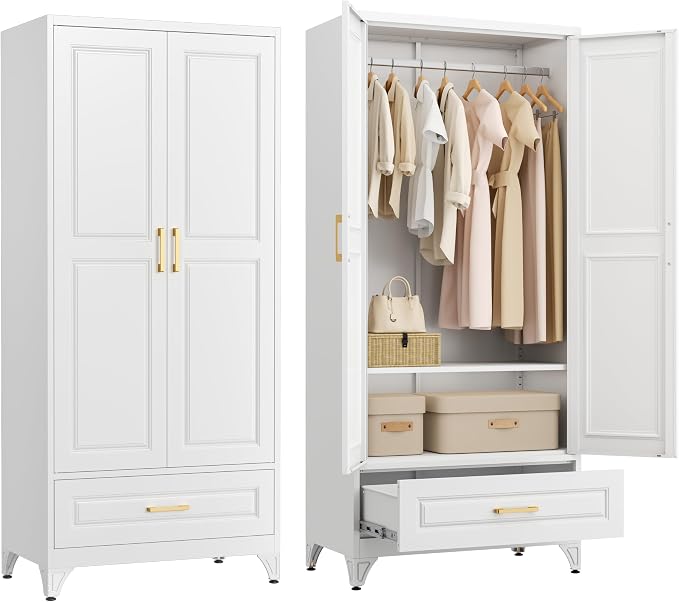 71" Tall Armoire Wardrobe Closet with with Drawer, Metal Storage Wardrobe with Hanging Rod, Clothing Storage Cabinets, White Bedroom Armoires with Adjustable Shelf, Steel Closet Cabinet for Bathroom