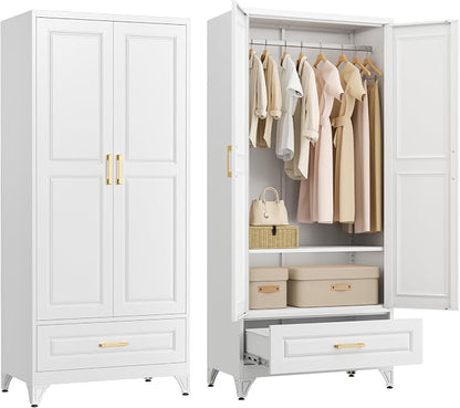 71" Tall Armoire Wardrobe Closet with with Drawer, Metal Storage Wardrobe with Hanging Rod, Clothing Storage Cabinets, White Bedroom Armoires with Adjustable Shelf, Steel Closet Cabinet for Bathroom