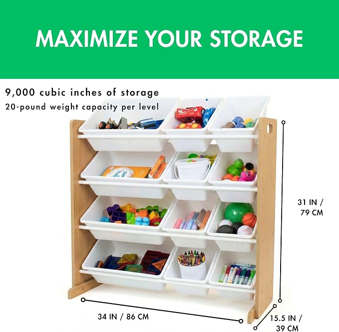 Humble Crew Toy Storage Organizer with 12 Removable Storage Bins for Kids Playroom, 4-Tier Toddler Toy Organization, Natural/White