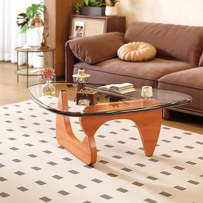 Coffee Table for Living Room Mid Century Modern Center Small Table with Glass Top and Wood, Walnut Transparent(32 Inch)