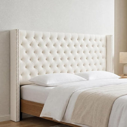 Madison Park King Wingback Upholstered Tufted Headboard, Featuring High-Density Sponge Padding, Adjustable Height Headboard, Easy Assembly, Beige Velvet