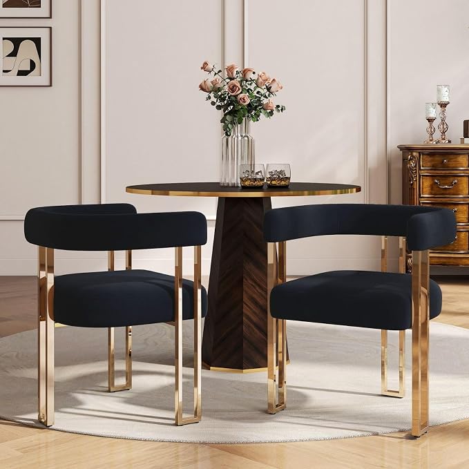 Hyfirm Black and Gold Modern Dining Chairs Set of 2, Velvet Upholstered Barrel Armchairs with Metal Legs for Kitchen Island, Mid Century Accent Chairs for Dining Room Living Room, Open-Back