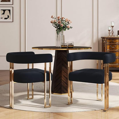 Hyfirm Black and Gold Modern Dining Chairs Set of 2, Velvet Upholstered Barrel Armchairs with Metal Legs for Kitchen Island, Mid Century Accent Chairs for Dining Room Living Room, Open-Back