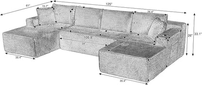 125" Modular Sectional Sleeper Sofa, Boneless Cloud Couch for Living Room, U Shaped 5 Seat Sofa with 2 Storage Pockets& 2 Cup Holders, Free Combination, No Assembly Required (Green, 125")