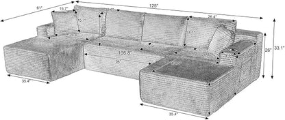 125" Modular Sectional Sleeper Sofa, Boneless Cloud Couch for Living Room, U Shaped 5 Seat Sofa with 2 Storage Pockets& 2 Cup Holders, Free Combination, No Assembly Required (Blue, 125")