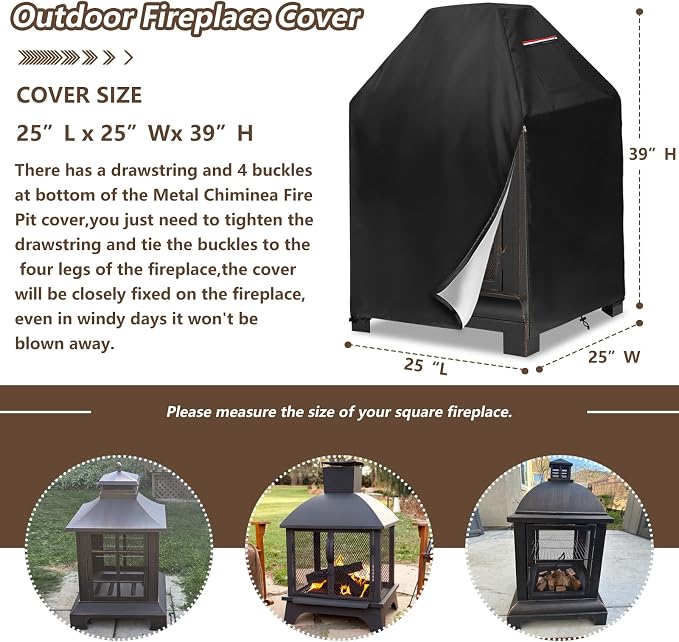 Outdoor Fireplace Cover,Heavy Duty 600D Square Chiminea Fireplace Cover,Pagoda Fire Pit Cover,25" L x 25" W x 39" H,Black.