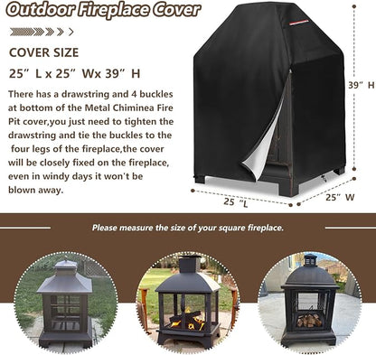 Outdoor Fireplace Cover,Heavy Duty 600D Square Chiminea Fireplace Cover,Pagoda Fire Pit Cover,25" L x 25" W x 39" H,Black.