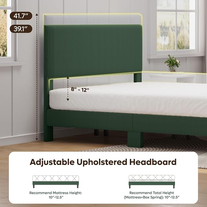 Bestier Queen Platform Bed Frame with Headboard LED Light,Upholstered,Green | No Squeaks,Easy Assembly,LED Lighting Headboard,Vertical Channel Corduroy Upholstered,Wood Slats Support,No Box Spring Needed