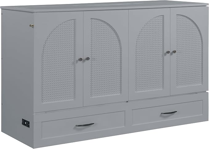 Ball & Cast Murphy Bed Queen Size Bedroom Folding Wall Cabinets Frame with Large Drawer and USB Ports,Hideaway Bed w/Tri-Fold Mattress Design,for Guest Room,Study,Office,Gray