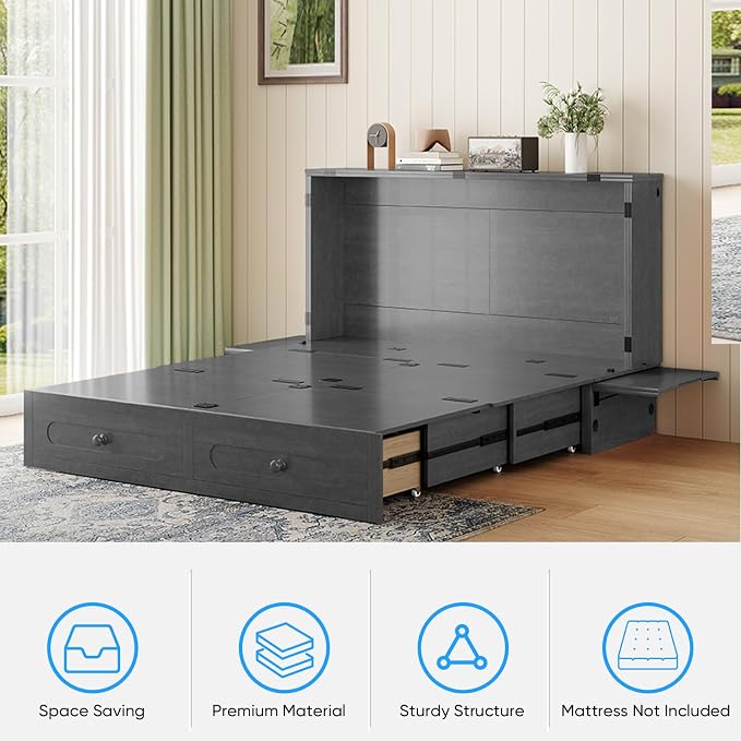 PUREMIND Murphy Bed Queen - Solid Wood - Hideaway Cabinet Bed with Storage Drawers, USB Charging Ports - Space Saving Wallbed for Home, Guest Room, No Mattress Included, Gray