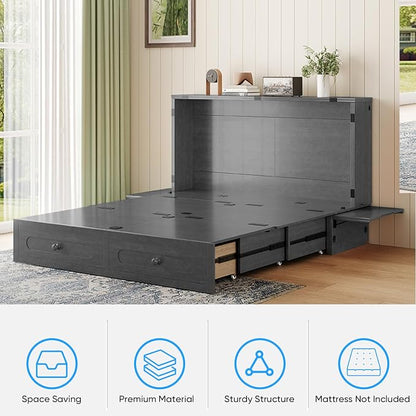 PUREMIND Murphy Bed Queen - Solid Wood - Hideaway Cabinet Bed with Storage Drawers, USB Charging Ports - Space Saving Wallbed for Home, Guest Room, No Mattress Included, Gray