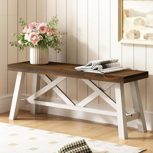 Wnutrees 43" Farmhouse Wood Bench, Rustic Solid Wood Entryway Bench Seat with Double X-Structure for Dining Area Living Room Hallway, Structural Stability, White