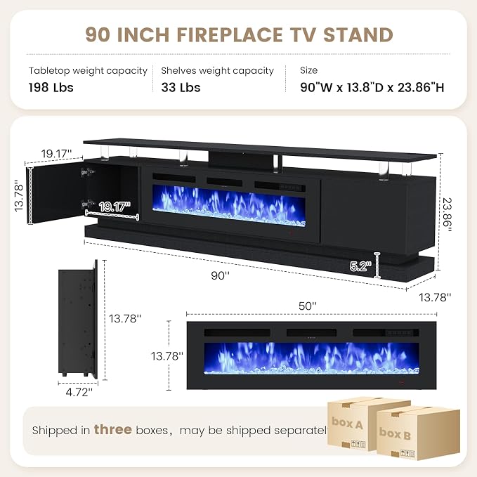 90" Fireplace TV Stand, Modern Entertainment Center for TVs Up to 100”, TV Console with Storage Cabinets, Media Console for Living Room, WiFi Enable Black TV Stand and Black Fireplace