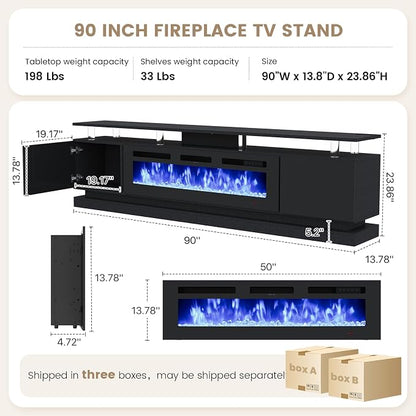 90" Fireplace TV Stand, Modern Entertainment Center for TVs Up to 100”, TV Console with Storage Cabinets, Media Console for Living Room, WiFi Enable Black TV Stand and Black Fireplace
