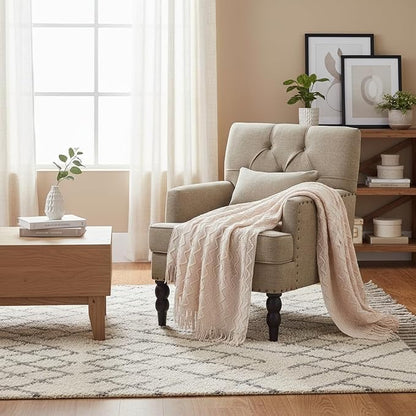 HUIMO Tufted Club Chair,Accent Chair with Lumbar Pillow, Upholstered Button Armchair, Linen Fabric Sofa Chairs for Bedroom, Living Room, Mid Century Modern with Studded Reading Chair Brown