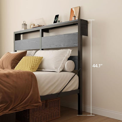 Bestier Queen Bed Frame with Headboard and Charging Station,Platform Bed Frame with LED Light, Non-Slip Metal Bed Frame, Noise-Free, Easy Assembly, Grey