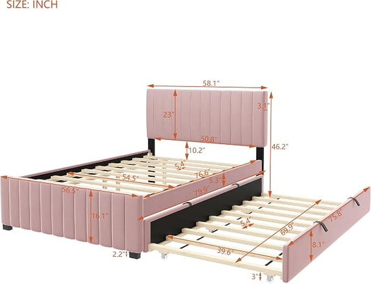 Bellemave Full Bed Frame with Trundle Bed,Velvet Upholstered Platform Bed Frame,Full Size Trundle Bed with Headboard for Kids Teens Adults(Pink)