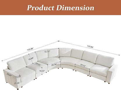 ORRD Oversized Curved Sectional Sofa, Convertible L Shaped Couch with Deep Seat, Boucle Modular Sectional Sofa with Pillows, Curved Chenille Comfy Corner 6 Seat Couch for Living Room, White