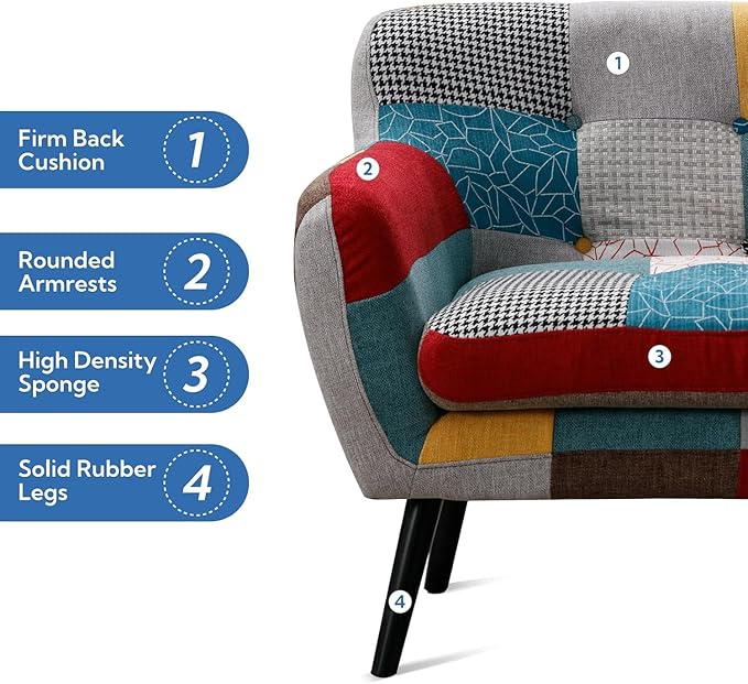 Bonzy Home Modern Colorful 2 Piece Coroful Fabric Sofa Set, Included Accent Chairs and Boho Loveseat Sofa, Linen Patchwork Plaid Couches with Rubberwood Legs and Removable Upholstered for Living Room