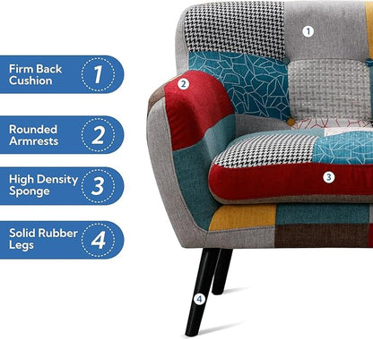 Bonzy Home Modern Colorful 2 Piece Coroful Fabric Sofa Set, Included Accent Chairs and Boho Loveseat Sofa, Linen Patchwork Plaid Couches with Rubberwood Legs and Removable Upholstered for Living Room