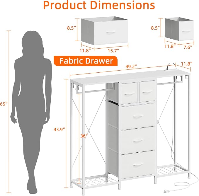 HIGDBFE 5-Drawer Dresser with 2 Hanging Racks, White, 49.2" W | LED Lights&Charging Station, Hooks, Wooden Top, Fabric Drawer, Dresser TV Stand for Bedroom, Dorm