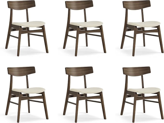 KISLOT Wooden Dining Chairs Set of 6, Upholstered Modern Dining Room Chairs, Mid Century Oak Kitchen Chairs with Curved Wood Backrest for Farmhouse, Restaurant, Café (Cream Fabric & Walnut Color)
