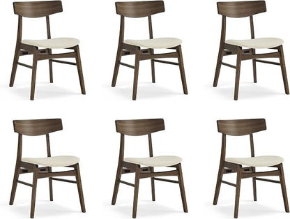 KISLOT Wooden Dining Chairs Set of 6, Upholstered Modern Dining Room Chairs, Mid Century Oak Kitchen Chairs with Curved Wood Backrest for Farmhouse, Restaurant, Café (Cream Fabric & Walnut Color)