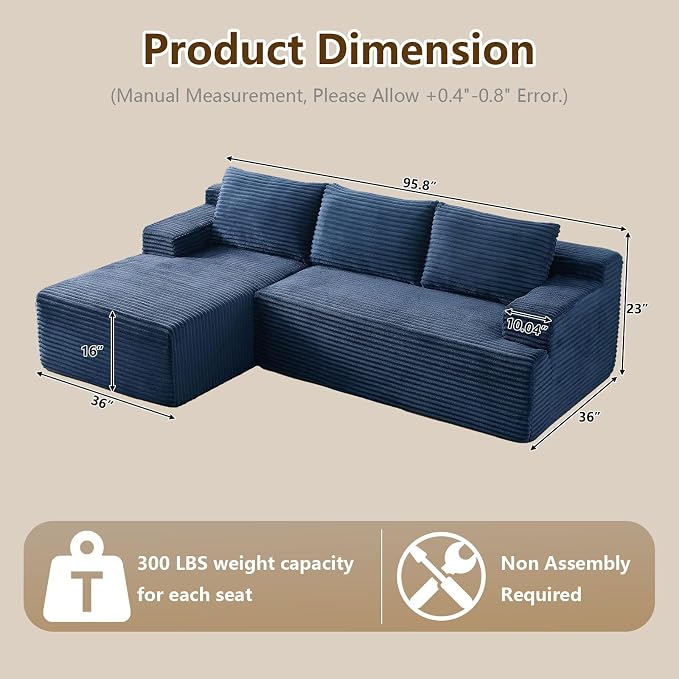 96.1" Modular Sectional Sofa Couches L-Shape Couch 3 Seat Modular Sofa Corduroy Memory Foam Sectional Boneless Couches for Living Room, Cloud Couch with Oversized Chaise(Blue, Left Facing)