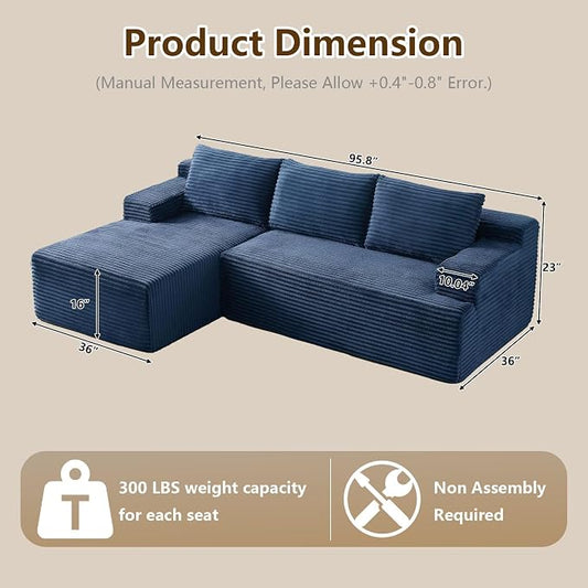 96.1" Modular Sectional Sofa Couches L-Shape Couch 3 Seat Modular Sofa Corduroy Memory Foam Sectional Boneless Couches for Living Room, Cloud Couch with Oversized Chaise(Blue, Left Facing)
