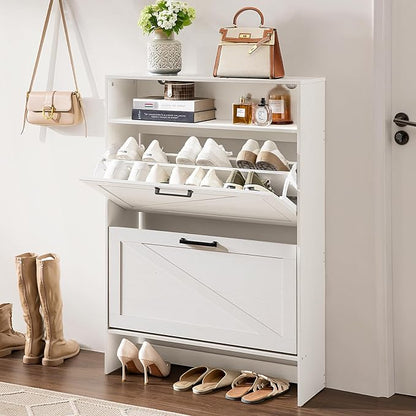 RWYHG Shoe Cabinet Storage for Entryway with 2 Flip Drawers Open Storage Layer Rack Narrow Organizer Slim Hidden Wood Shoe Cabinet Furniture White