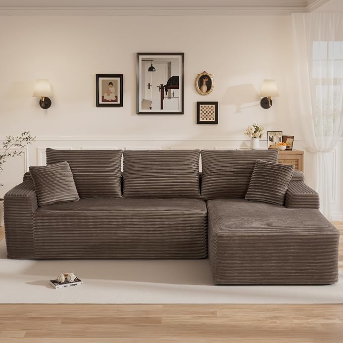108" L Shaped Cloud Boneless Sectional Couches for Living Room, Modern Comfy Modular Deep Seat Memory Foam Compressed Corduroy Sofa Oversized Right Facing Chaise, No Assembly Required, Brown