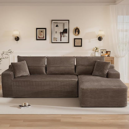 108" L Shaped Cloud Boneless Sectional Couches for Living Room, Modern Comfy Modular Deep Seat Memory Foam Compressed Corduroy Sofa Oversized Right Facing Chaise, No Assembly Required, Brown
