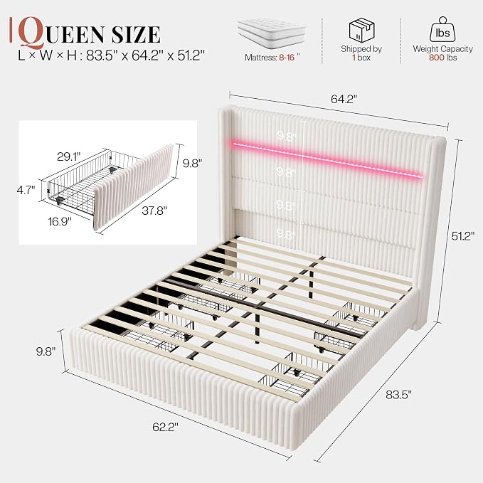 Jocisland Queen Size Corduroy Upholstered Bed Frame with 4 Storage Drawers & 51.2" Tall Wingback Headboard, LED Platform Bed with Charging Station, Easy Assembly, No Box Spring Needed, White