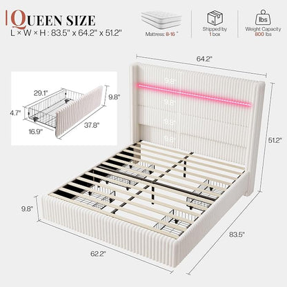 Jocisland Queen Size Corduroy Upholstered Bed Frame with 4 Storage Drawers & 51.2" Tall Wingback Headboard, LED Platform Bed with Charging Station, Easy Assembly, No Box Spring Needed, White