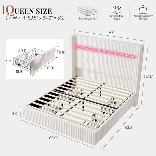 Jocisland Queen Size Corduroy Upholstered Bed Frame with 4 Storage Drawers & 51.2" Tall Wingback Headboard, LED Platform Bed with Charging Station, Easy Assembly, No Box Spring Needed, White