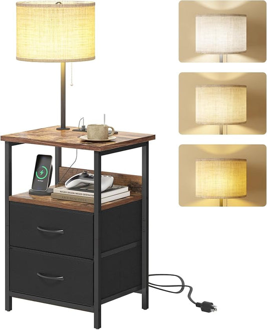 Fixwal Bedside Table with 3 Color Temperature Reading Light, Nightstand with LED Light & Charging Station End Table with Adjustable Fabric Drawer for Bedroom, Dorm, Rustic Brown