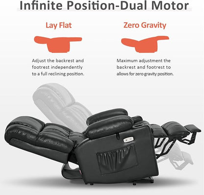 MCombo Dual Motor Power Lift Recliner Chair for Elderly, Lay Flat Lift Chair with Heat and Massage, Cup Holders, USB Ports, Faux Leather 7890 (Black, Medium)