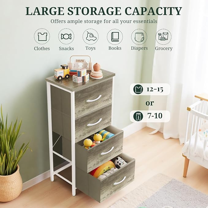 4 Drawers Dresser for Bedroom, Fabric Storage Tower Organizer with Wooden Top and Steel Frame, Tall Chest of Drawers for Closet, Entryway, Dorm, Greige Oak